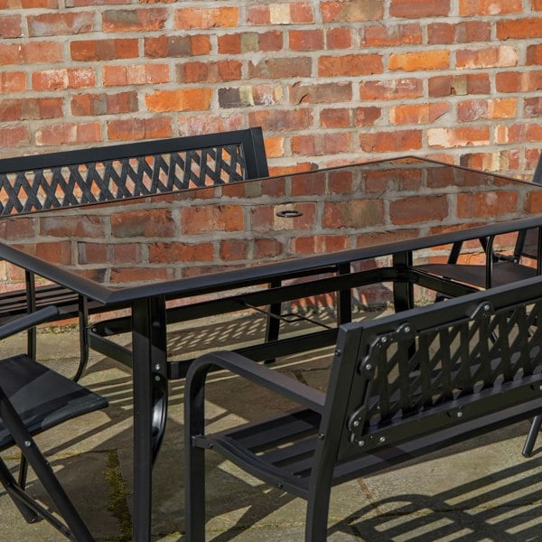Samuel Alexander Outdoor 6 Person Rectangular Glass Top Garden Dining Table Benches & Chairs Set