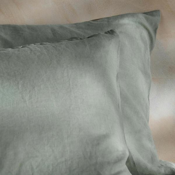 Misty Green French Linen Pillowcases - temperature-regulating, close-up detail 3 | Soak and Sleep