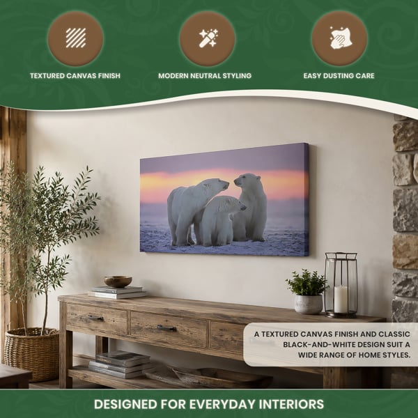 Large 3 Polar Bears Canvas Print, Black and White Wildlife Wall Art, 100 x 50 cm, Stretched Canvas on Wooden Frame