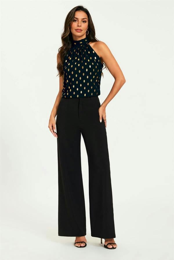 FS Collection Gold Foil Halter Neck Tie Back Top In Black