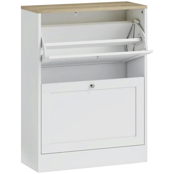 White two-flip shoe cabinet with open compartments and front panel