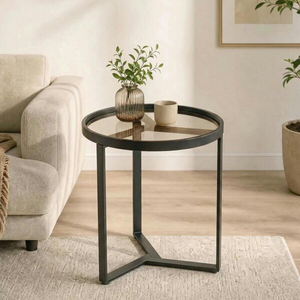 Round Side Table with Tempered Glass Top and Geometric Metal Frame for Small Space, Black