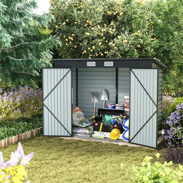 Outdoor Galvanized Steel Storage Shed with Dual Doors Living and Home