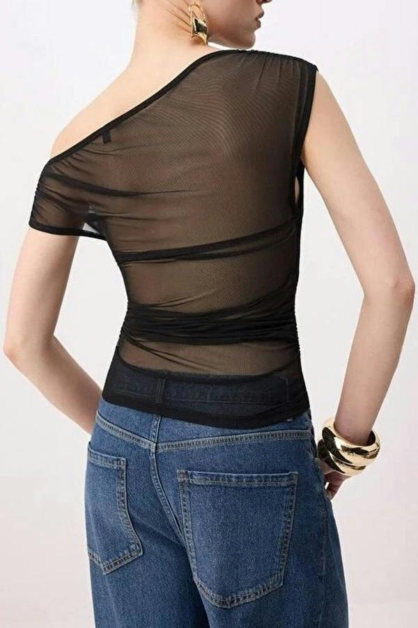 WOVCOR Lined Carmen Neck Knitted Tulle Party Blouse
