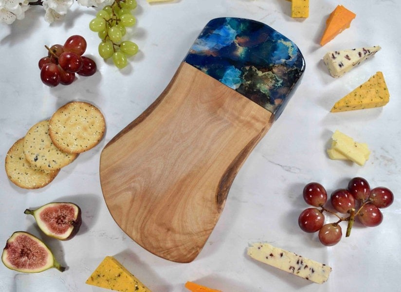 Rounded Rustic Olive Wood Cutting Board 30cm - blue gold bronze kitchen decor - cheese lover gift ideas - Kate Chesters Art - charcuterie tapas serving board