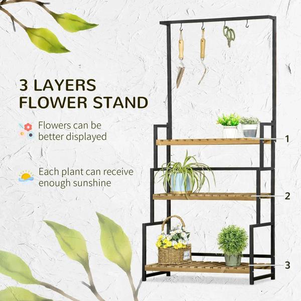 3-tier flower stand with hanging hooks, black metal frame and light wood shelves with plants