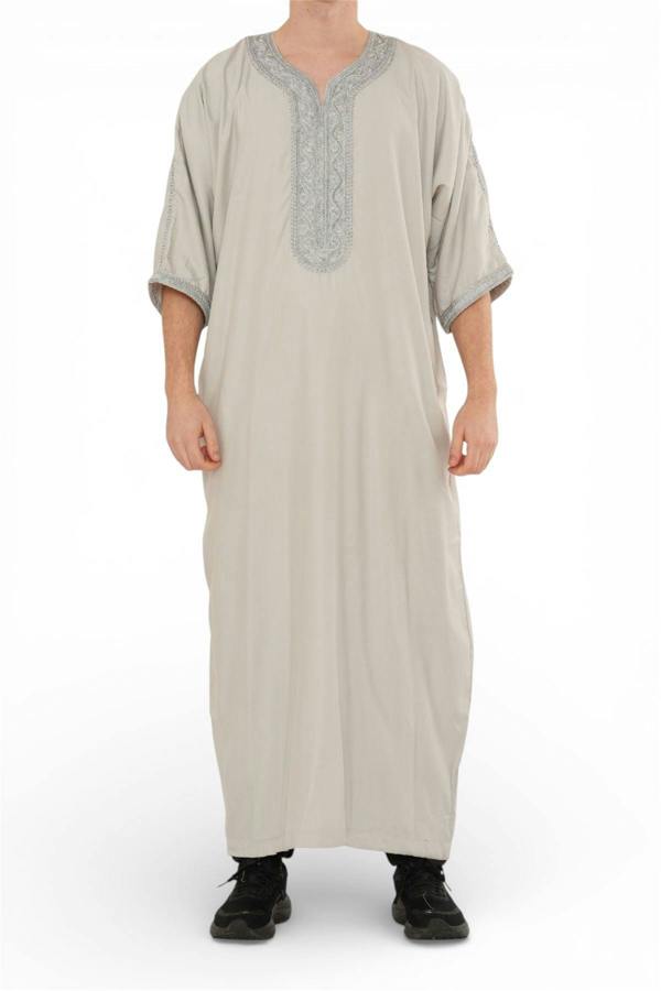 Infinity Leather Men's Moroccan Thobe Robe Djellaba Arab Short Sleeve Embroidery Gandoura Jubba
