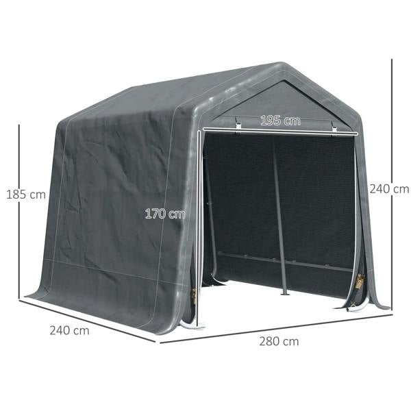 Temporary outdoor equipment shed with front opening and height/width measurement labels