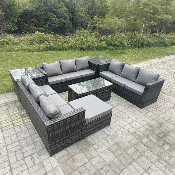 Fimous 12 Seater Rattan Garden Furniture Set with 3 Sofas, Coffee Table, 3 Footstools and 2 Side Tables - Dark Grey