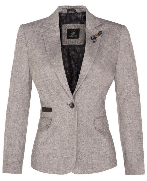 TruClothing Womens Tweed 1920s Herringbone Light Grey Blazer