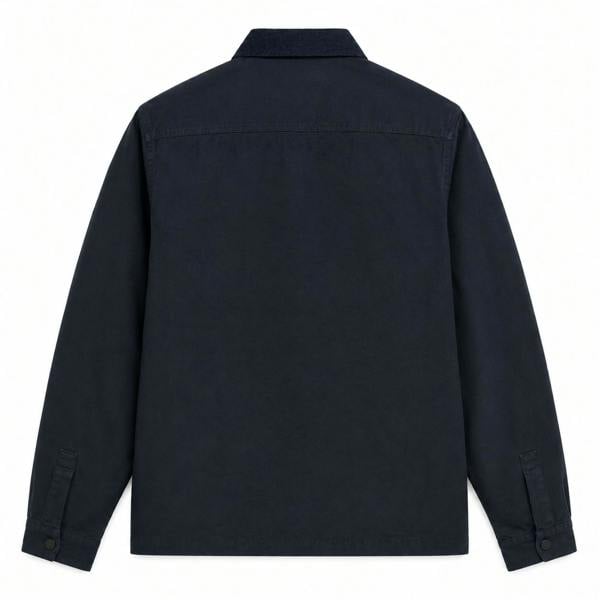 Back view of a navy blue Barbour International A7 overshirt featuring a corduroy collar and buttoned cuffs.