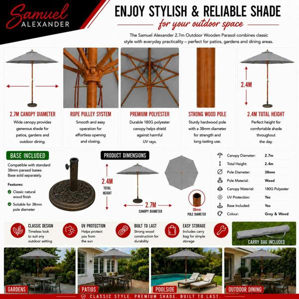 Samuel Alexander 2.7m Outdoor Wooden Garden Parasol Sun Shade with Carry Bag in Grey with 9kg Base Included