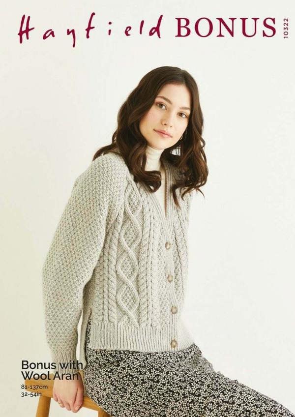 Hayfield Bonus Aran with Wool Knitting Pattern 10322, Cardigans for Women, 32 - 54 Inches