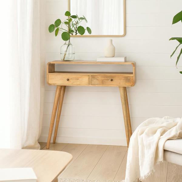 Wyld Haus Urbino Curved Mango Wood Console Table 2 Drawer and Open Shelf