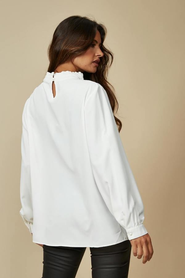 Hoxton Gal Oversized Ruffle Neck Top with Long Sleeves in White