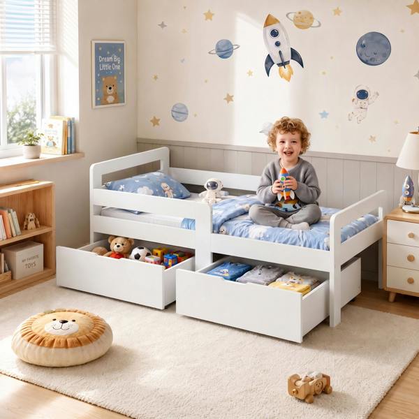 AIYAPLAY Wooden Kids Bed Frame with 2 Storage Drawers for Ages 4-14, White