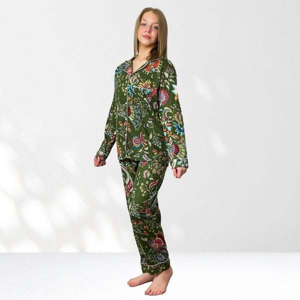 Hayley & Co Green Block Print Floral 100% Cotton Long Pyjama Set