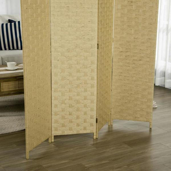 Brown folding privacy screen divider corner view with wooden base feet and frame
