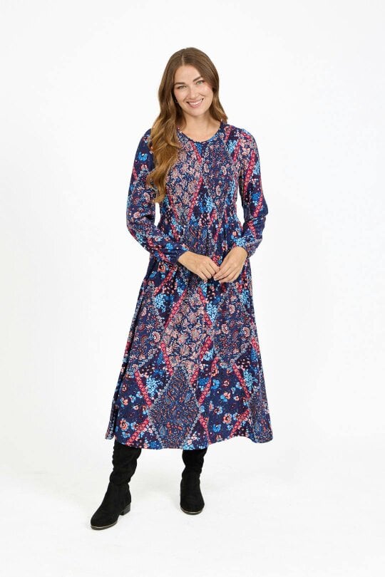 Mudflower Floral Print Shirred Soft Touch Bodice Midi Dress