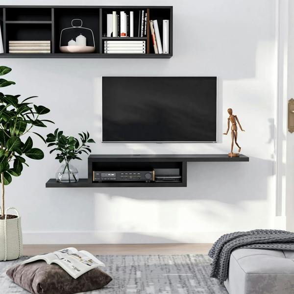 Black floating media console with open shelf beneath mounted TV