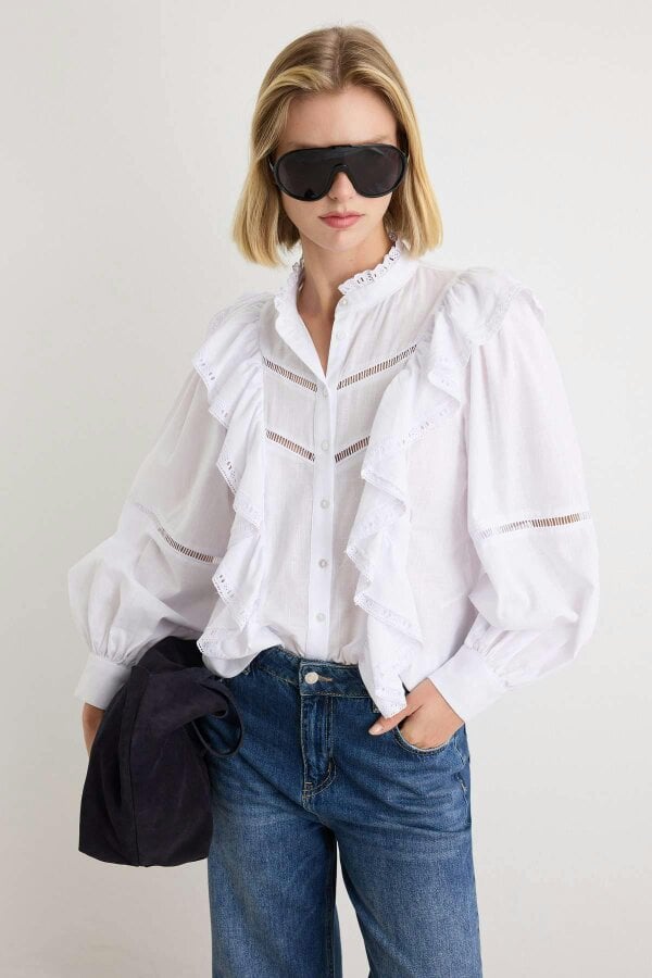 WOVCOR Ruffle Detail Boho Long Sleeve Shirt