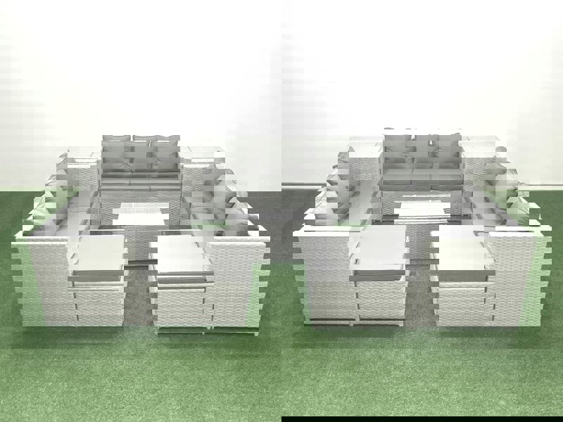 Fimous Rattan Garden Outdoor Furniture Set 11 Seater Garden Sofa Coffee Table Set with 2 Big Footstools 2 Side Tables Light Grey Mixed