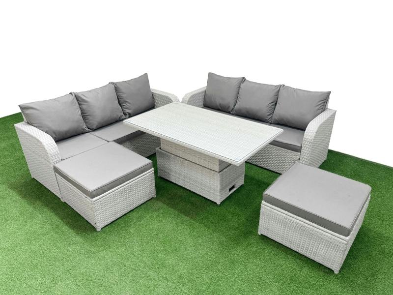 Fimous 8 Seater Rattan Garden Set, Adj Height Table, High Back Lounge Sofa and 2 Big Footstools, Light Grey
