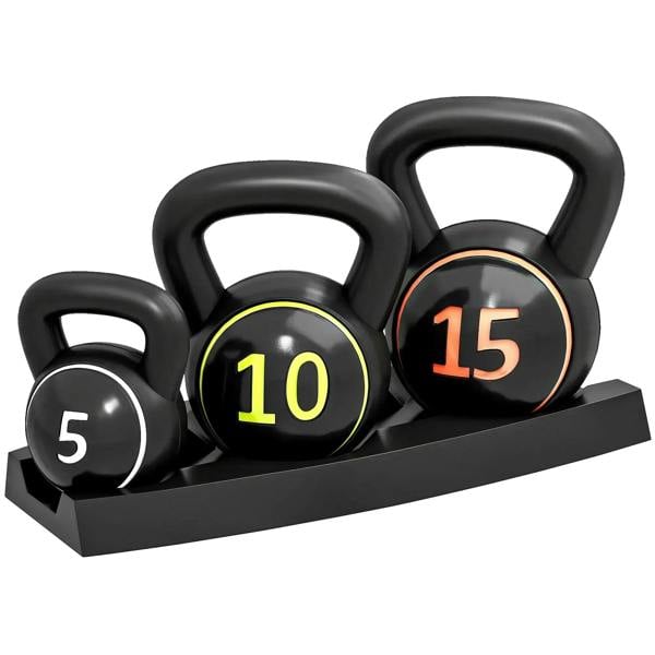 Three-piece black kettlebell set on storage tray, labeled 5, 10, and 15 lbs