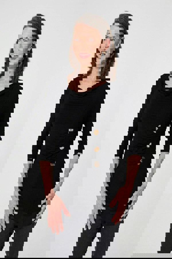 Black | Button Detail Ruched 3/4 Sleeve Top
