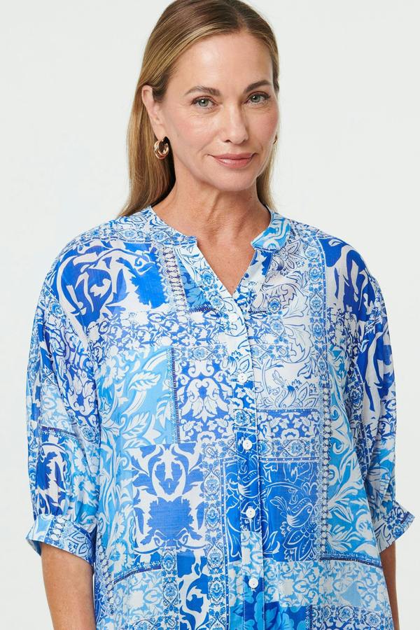 Blue | Mosaic Print 3/4 Sleeve Relaxed Shirt