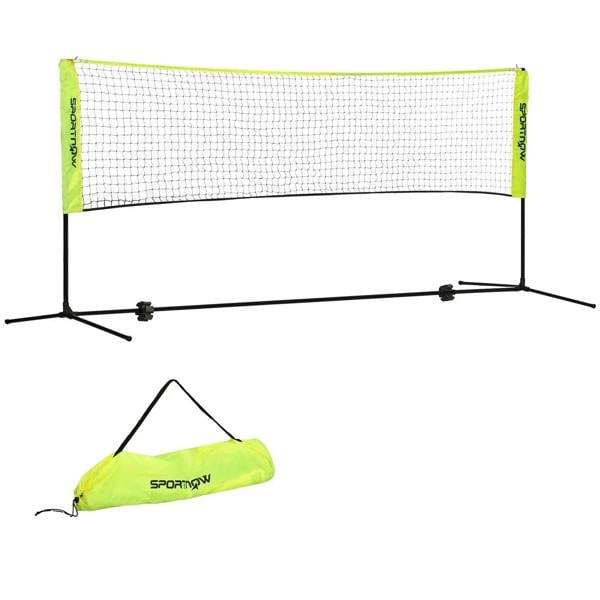 Height-adjustable badminton net with black frame and neon yellow carry bag