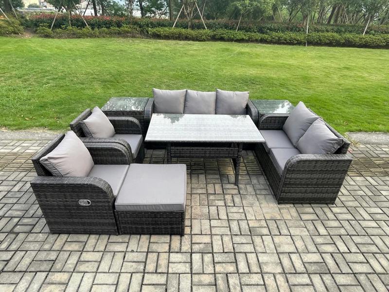 Fimous 8 Seater PE Rattan Garden Furniture Patio Set, Reclining Chair, Love Sofa, 2 Seater Sofa, Dining Table, Big Footstool, 2 Side Tables, Grey