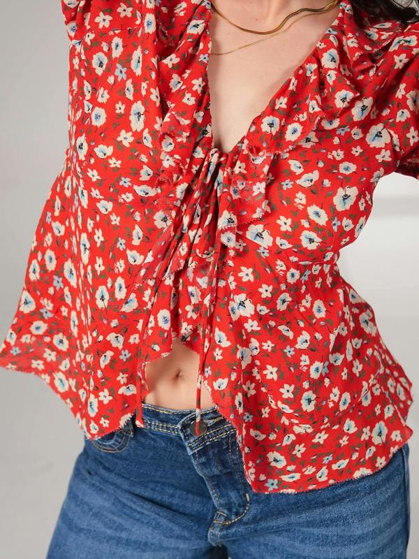 Rose & Nancy Philippa Red Floral Print Ruffle Blouse