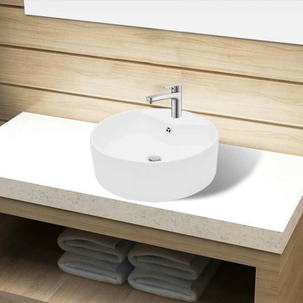 Berkfield Ceramic Bathroom Sink Basin Faucet/Overflow Hole White Round