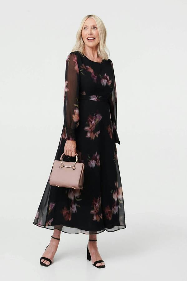 Black | Floral Layered Semi Sheer Midi Dress