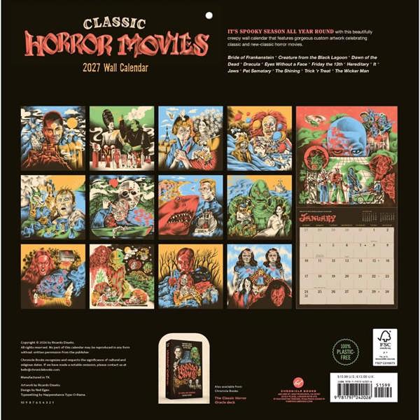 Chronicle Books Classic Horror Movies Calendar 2027, Wall Calendars, Month To View, Entertainment, Gift
