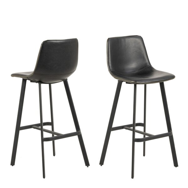 Wyld Haus Set of 2 Bogense Black Faux Leather Bar Stools Cream Stitching