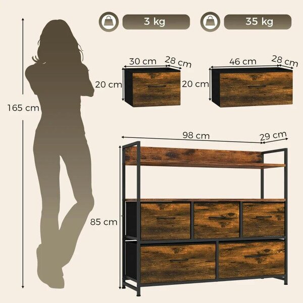 Chest of Drawers, Bedroom Fabric Dresser with 5 Drawers, Storage Organiser Unit with Open Shelves, Rustic Brown