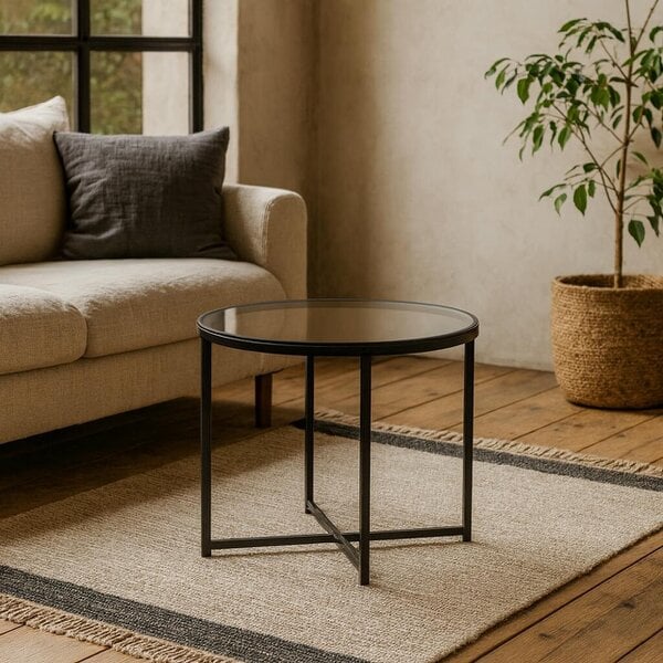 Wyld Haus Oakfern Round Black Metal Side Table Grey Glass Top