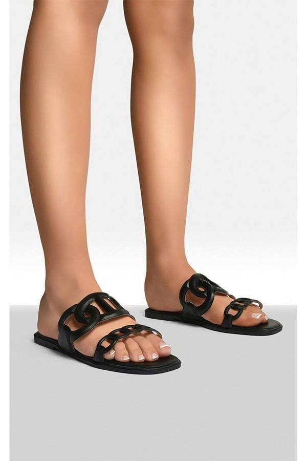 Betty Comfortable Flat Sandals With Double Leather Chain - Black