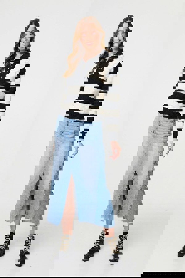 White | Striped Knit 1/4 Zip High Neck Pullover
