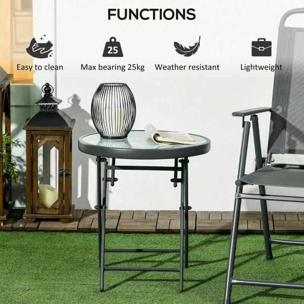 Round folding outdoor side table with marble-look glass top and dark gray legs