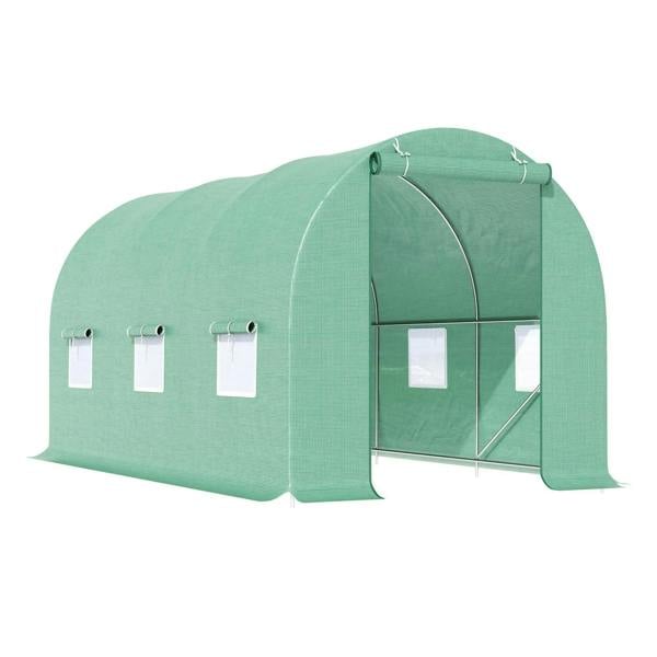 Green walk-in tunnel greenhouse with zippered door and side ventilation window panels