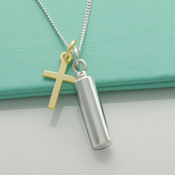 Christopher James of London Sterling Silver Small Cylindrical Urn Cremation Ashes Pendant and Cross With Optional Engraving & Chain