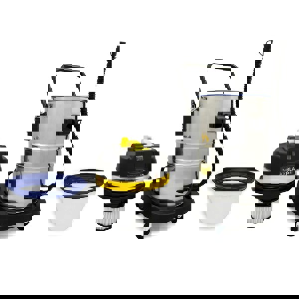 MAXBLAST 50L Industrial Vacuum Cleaner with a stainless steel body, yellow motor, and detachable filter for efficient cleaning