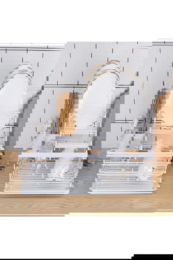 Living and Home Kitchen 2-Tier Metal Dish Drainer Rack Detachable Storage Drip Tray Sink Washing Plates Draining Board - White