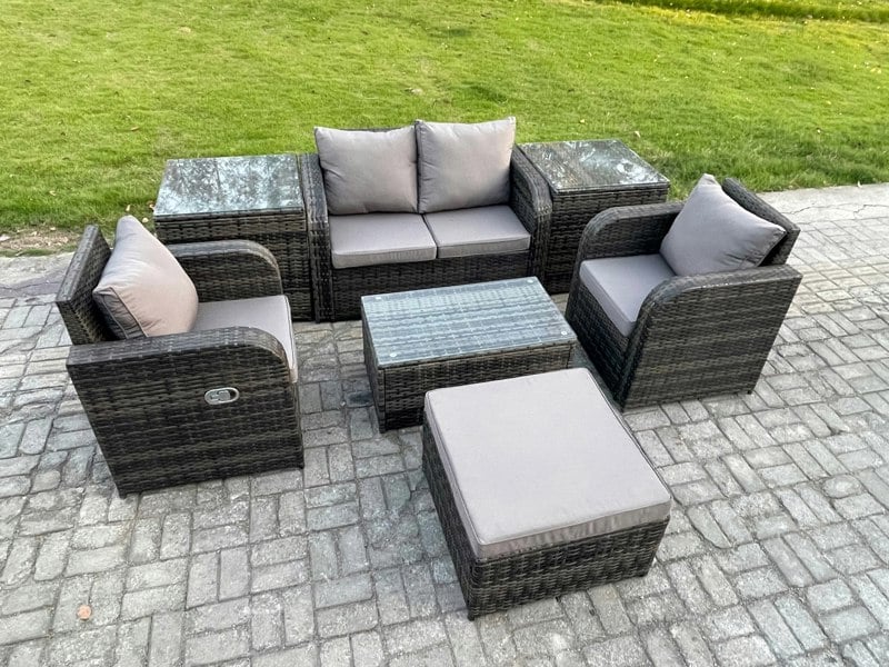 Fimous Wicker PE Rattan Outdoor Furniture Set Garden Love Sofa Coffee Table 2 Armchair 2 Side Tables Big Footstool Dark Grey Mixed