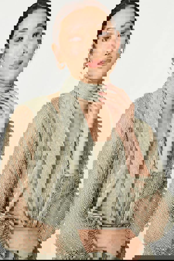 Khaki | Sparkly Mesh Scarf Detail Layered Top