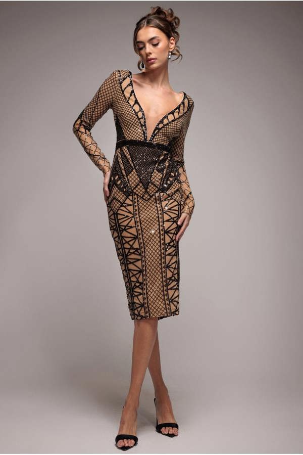 Geometric Sequin Plunge Midi - Black DR4191