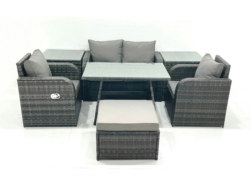 Fimous Outdoor Garden Furniture Set Rattan Sofa Dining Table Set with Reclining Chair 2 Side Tables Big Footstool Dark Grey Mixed